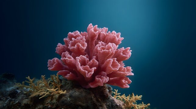 A close up view of a vibrant pink marine sponge with delicate ruffled edges growing on a rock in the deep blue ocean