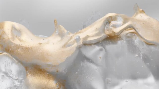 Rising golden ribbon initiating flow over silver base in macro, forming ridge and shedding droplets