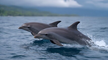 Naklejka premium Two sleek dolphins joyfully leap from the ocean s surface creating splashes with a distant green island under a cloudy atmospheric sky