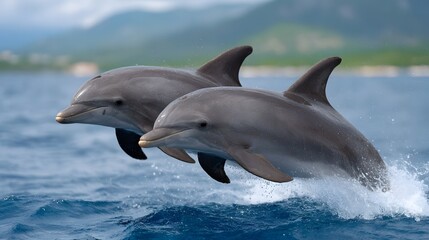 Naklejka premium Two graceful grey dolphins leap dynamically from the sparkling blue ocean showcasing their playful nature and the beauty of marine wildlife