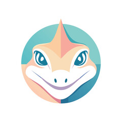 Vector illustration of a smiling cartoon lizard face with large eyes and a spiky head, set against a circular blue background.