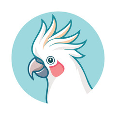Illustration of a white cockatoo with vibrant feathers and a distinctive beak in a circular frame