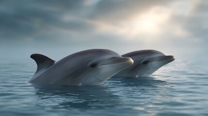Naklejka premium Two dolphins swimming gracefully in ocean sunlight under cloudy skies