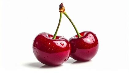 Two ripe red cherries with green stems and water droplets, isolated on a clean white background. Fresh, juicy sweet cherry fruit close-up. Healthy organic food and vitamin concept photo.