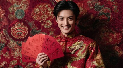 Chinese traditional lunar new year Spring Festival celebration in Asia. A man in a vibrant red and gold cheongsam, adorned with intricate designs, holding a red fan in his hand.
