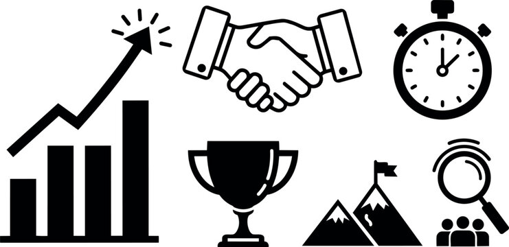 Black and white minimalist business success icons including growth chart handshake trophy mountain flags stopwatch magnifying glass and team