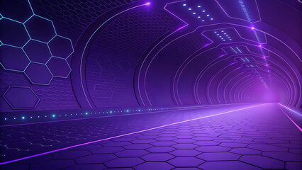 Futuristic Abstract Technology Tunnel Background with Neon Purple Lights and Hexagonal Pattern