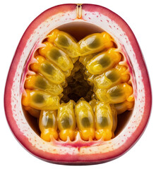 Fresh cut purple passion fruit half showing juicy yellow seeds isolated on a transparent background