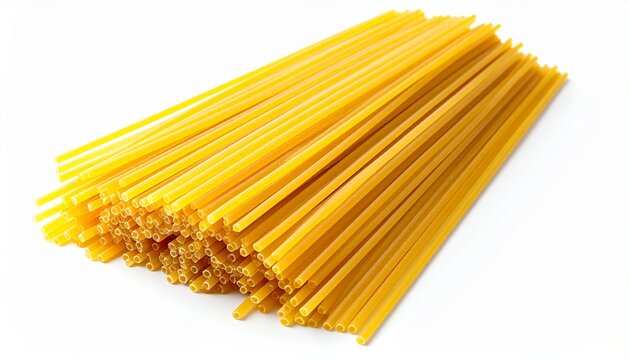 Close-up of a bunch of uncooked dry Italian bucatini pasta, a long, thick, hollow spaghetti-like noodle, ready for cooking. Food ingredient isolated on a clean white studio background.