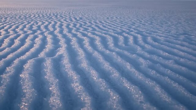 Tracking low-angle camera pushing across frozen rippled plain, revealing frosty ridges and horizon