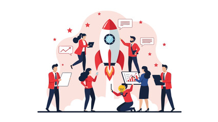 Team Launching Rocketship, Business Startup Concept
