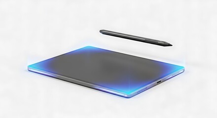 A sleek dark grey stylus hovers above a modern tablet with glowing blue light on its edges on a white background