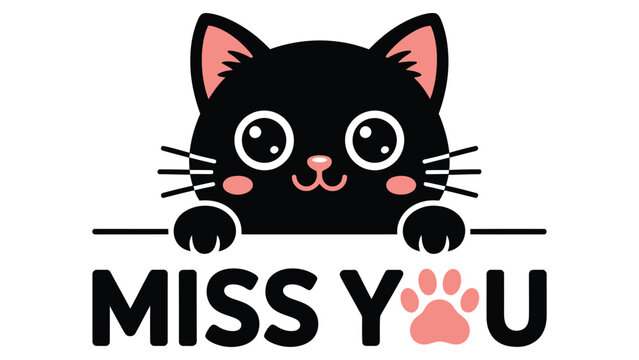 miss you cute cat illustration with paw print typography kawaii cartoon character in black and pink on white background
