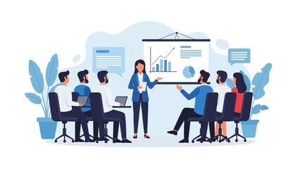 Business presentation with charts and graphs, diverse team in meeting room, flat vector illustration