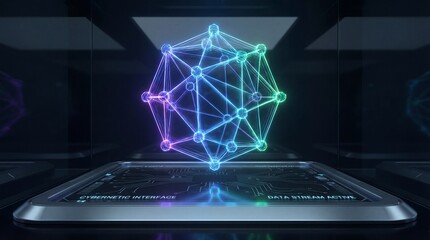 Glowing network diagram emerging from laptop screen