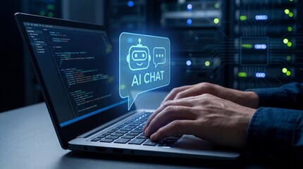 Person typing on laptop with ai chat interface on screen in server room