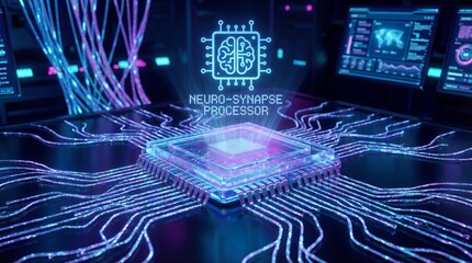 A futuristic microchip with glowing blue circuits and neon lights in a dark cyberpunk environment