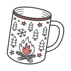 A festive mug vector illustration with winter themed designs and a cozy campfire