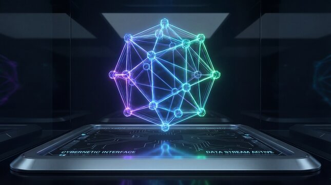 Glowing network diagram emerging from laptop screen - Powered by Adobe