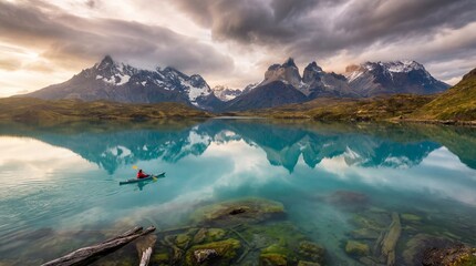 Serene mountain lake with kayaker at dawn