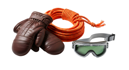 Vintage ski goggles, gloves, and rope isolated on transparent background