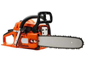 Orange chainsaw tool equipment isolated on transparent background