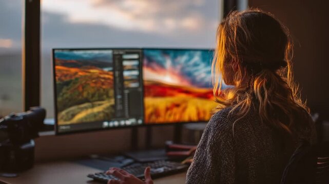 Photographer adjusting tones in editing software focusing on fine details of a vibrant landscape image