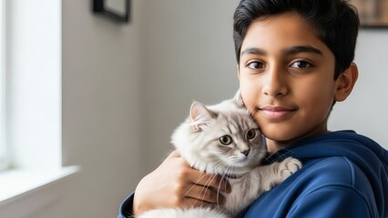 Fototapeta na wymiar Smiling boy hugging fluffy gray cat indoors, heartwarming pet companionship moment showing love between child and kitten, cozy home lifestyle concept celebrating friendship with pets