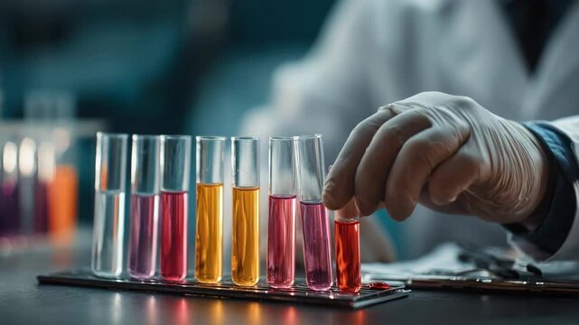 Medium shot of a scientist carefully analyzing fluid samples in test tubes with precise tools in a forensic lab setting