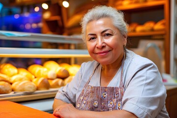 Elderly Hispanic woman bakery seller smiles warmly while showcasing freshly baked bread in a cozy bakery, highlighting her craftsmanship and dedication to quality baked goods