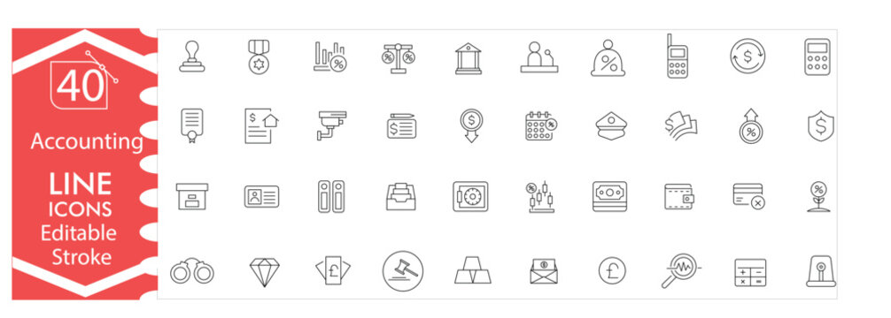 Accounting icons set, finance, bookkeeping, audit, taxation, calculator, invoice, budget, payroll, profit, loss, business reporting, professional design editable stroke vector Illustration