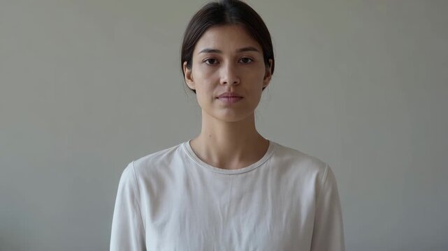 Young woman facing camera with neutral expression in soft natural light