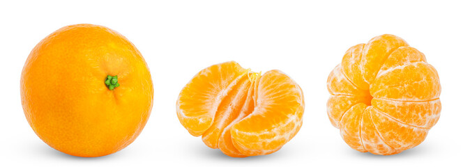 Collection of organic mandarin, tangerine or clementine fruit with green leaf and peeled mandarin, half of tangerine isolated. Clementines with clipping path.