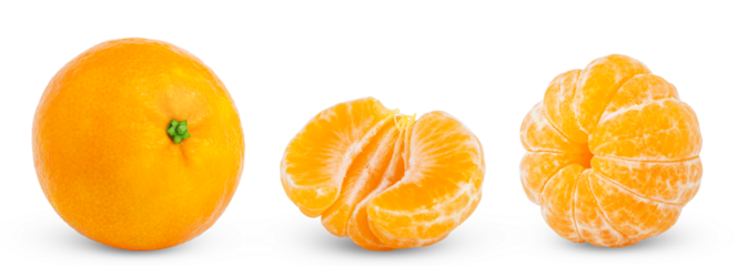 Collection of organic mandarin, tangerine or clementine fruit with green leaf and peeled mandarin, half of tangerine isolated. Clementines with clipping path.