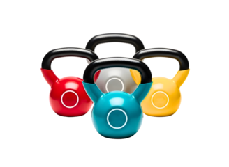 Four colorful kettlebells set isolated on transparent background