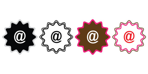 Four different colored at symbols on starburst shapes  isolated on white background