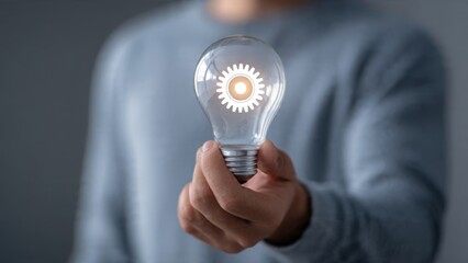 Innovative businessman holding glowing lightbulb with gear icon office conceptual image modern environment close-up view