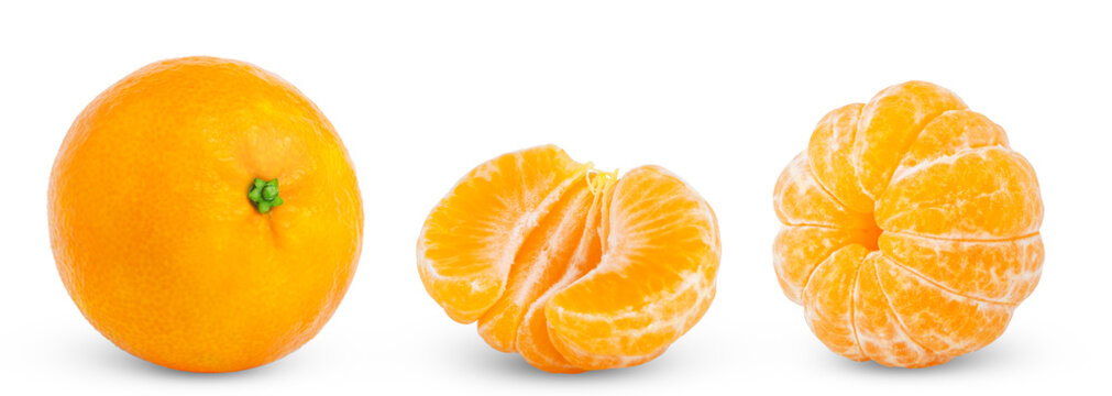 Collection of organic mandarin, tangerine or clementine fruit with green leaf and peeled mandarin, half of tangerine isolated. Clementines with clipping path.