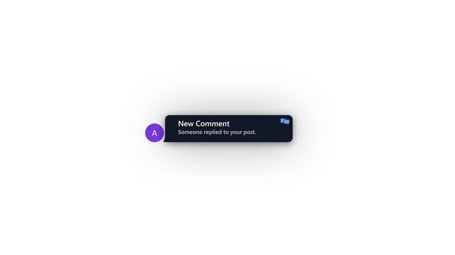 Notification alert for a new comment on a post, with a purple icon and text in a dark rectangle against a white background