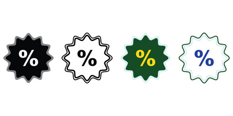 Four colored percent icons with different designs on white background  isolated
