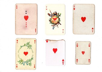 A vintage ace of hearts playing card in six different designs.