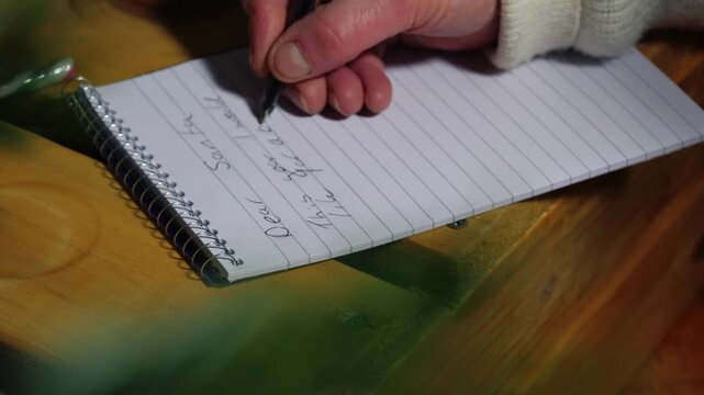 Writing a letter to Santa on notepad view through Christmas tree