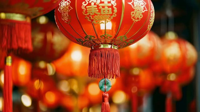 Traditional red chinese lanterns with gold patterns, tassel, and jade charm for Lunar New Year decoration