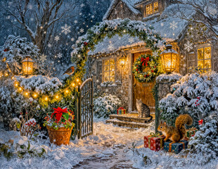 Winter Cottage with Squirrel, Cat and Robin Artwork