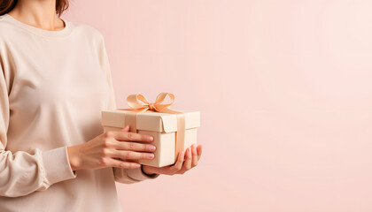 Woman holding a gift box with bow against a pink background  