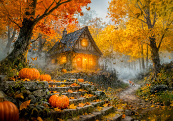 Halloween Forest Cottage with Pumpkins, Stone Path and Mouse Artwork