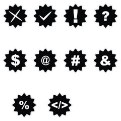 Black and white icons with various symbols on white background