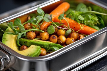 Macro shot of a vibrant vegetarian lunch box featuring fresh avocado, carrots, chickpeas, and greens, showcasing healthy meal preparation and colorful presentation