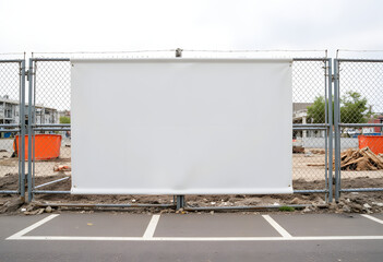 Urban construction site with empty banner and metal fence, minimalistic design