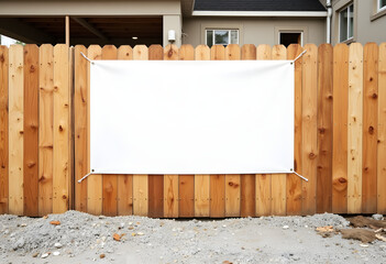 Wooden fence with blank banner at urban construction site, branding opportunity